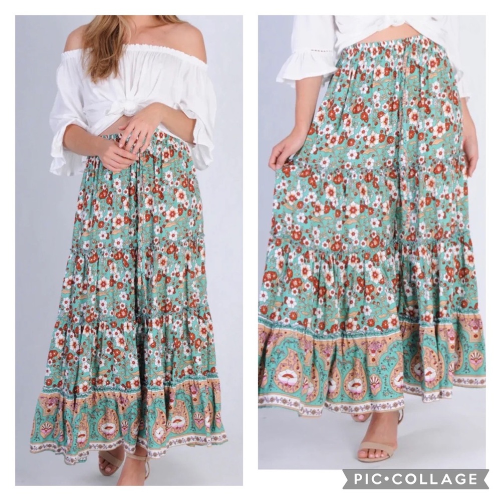 JAR OF HEARTS Boho Lover Aqua Turquoise Floral High Waisted Tiered Maxi Skirt - Picture 1 of 16